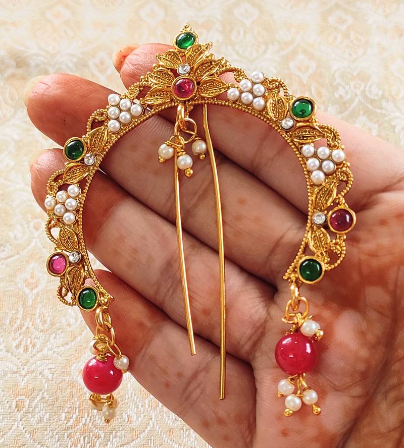 LALSO Multicolour Kempu Pearl Gold plated Veni Hair Accessories Jewelry 