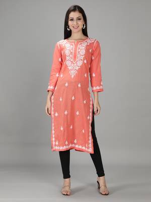 HAND EMBROIDERED LUCKNOWI CHIKANKARI PEACH COTTON KURTA 1
