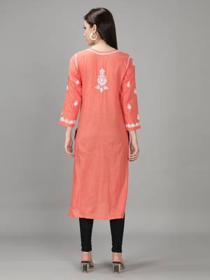 HAND EMBROIDERED LUCKNOWI CHIKANKARI PEACH COTTON KURTA 2