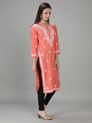 HAND EMBROIDERED LUCKNOWI CHIKANKARI PEACH COTTON KURTA 3