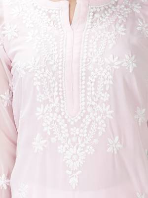HAND EMBROIDERED LUCKNOWI CHIKANKARI PEACH COTTON KURTA 4
