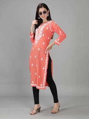 HAND EMBROIDERED LUCKNOWI CHIKANKARI PEACH COTTON KURTA 5