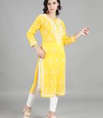 Yellow embroidered cotton chikankari-kurtis