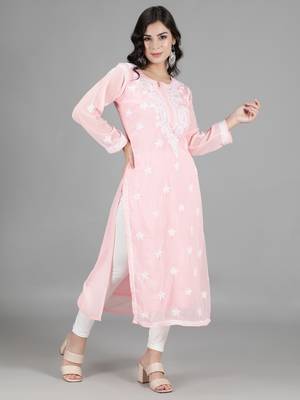 HAND EMBROIDERED LUCKNOWI CHIKANKARI PINK GEORGETTE KURTA WITH SLIP 1