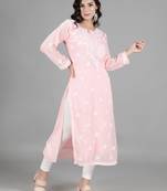 HAND EMBROIDERED LUCKNOWI CHIKANKARI PINK GEORGETTE KURTA WITH SLIP