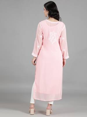 HAND EMBROIDERED LUCKNOWI CHIKANKARI PINK GEORGETTE KURTA WITH SLIP 2
