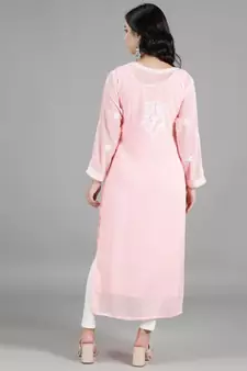HAND EMBROIDERED LUCKNOWI CHIKANKARI PINK GEORGETTE KURTA WITH SLIP