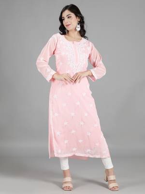 HAND EMBROIDERED LUCKNOWI CHIKANKARI PINK GEORGETTE KURTA WITH SLIP 3