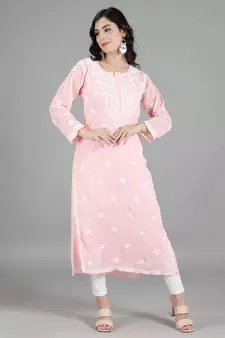 HAND EMBROIDERED LUCKNOWI CHIKANKARI PINK GEORGETTE KURTA WITH SLIP