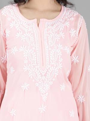 HAND EMBROIDERED LUCKNOWI CHIKANKARI PINK GEORGETTE KURTA WITH SLIP 4