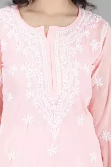 HAND EMBROIDERED LUCKNOWI CHIKANKARI PINK GEORGETTE KURTA WITH SLIP