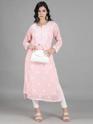HAND EMBROIDERED LUCKNOWI CHIKANKARI PINK GEORGETTE KURTA WITH SLIP 5