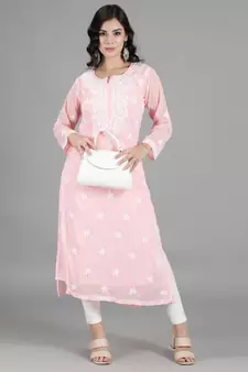 HAND EMBROIDERED LUCKNOWI CHIKANKARI PINK GEORGETTE KURTA WITH SLIP