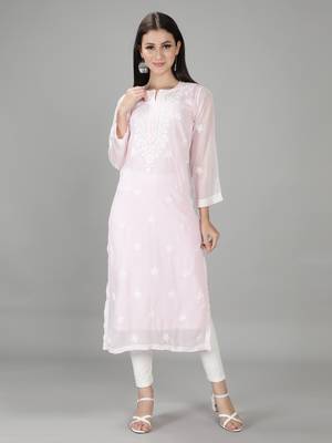 HAND EMBROIDERED LUCKNOWI CHIKANKARI LIGHT PINK GEORGETTE KURTA WITH SLIP 1