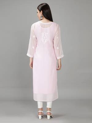 HAND EMBROIDERED LUCKNOWI CHIKANKARI LIGHT PINK GEORGETTE KURTA WITH SLIP 2