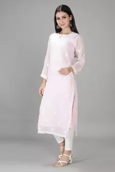 HAND EMBROIDERED LUCKNOWI CHIKANKARI LIGHT PINK GEORGETTE KURTA WITH SLIP