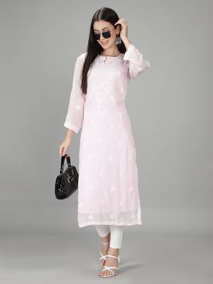 HAND EMBROIDERED LUCKNOWI CHIKANKARI LIGHT PINK GEORGETTE KURTA WITH SLIP 5