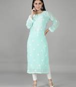 HAND EMBROIDERED LUCKNOWI CHIKANKARI SEA GREEN GEORGETTE KURTA WITH SLIP