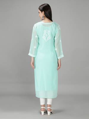 HAND EMBROIDERED LUCKNOWI CHIKANKARI SEA GREEN GEORGETTE KURTA WITH SLIP 2