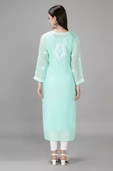 HAND EMBROIDERED LUCKNOWI CHIKANKARI SEA GREEN GEORGETTE KURTA WITH SLIP