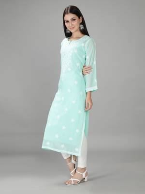 HAND EMBROIDERED LUCKNOWI CHIKANKARI SEA GREEN GEORGETTE KURTA WITH SLIP 3