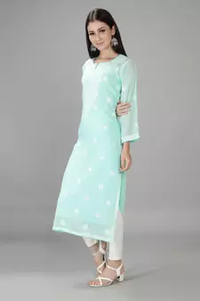 HAND EMBROIDERED LUCKNOWI CHIKANKARI SEA GREEN GEORGETTE KURTA WITH SLIP