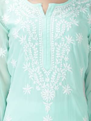 HAND EMBROIDERED LUCKNOWI CHIKANKARI SEA GREEN GEORGETTE KURTA WITH SLIP 4