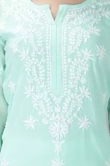 HAND EMBROIDERED LUCKNOWI CHIKANKARI SEA GREEN GEORGETTE KURTA WITH SLIP