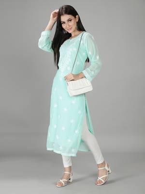 HAND EMBROIDERED LUCKNOWI CHIKANKARI SEA GREEN GEORGETTE KURTA WITH SLIP 5