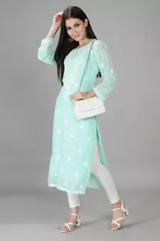 HAND EMBROIDERED LUCKNOWI CHIKANKARI SEA GREEN GEORGETTE KURTA WITH SLIP