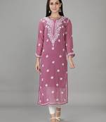Purple embroidered georgette chikankari-kurtis