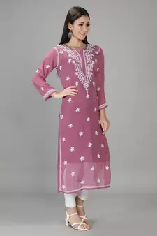 Purple embroidered georgette chikankari-kurtis