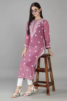 Purple embroidered georgette chikankari-kurtis