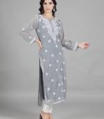 HAND EMBROIDERED LUCKNOWI CHIKANKARI GREY GEORGETTE KURTA WITH SLIP