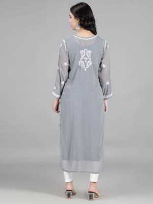 HAND EMBROIDERED LUCKNOWI CHIKANKARI GREY GEORGETTE KURTA WITH SLIP 2