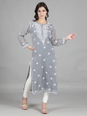 HAND EMBROIDERED LUCKNOWI CHIKANKARI GREY GEORGETTE KURTA WITH SLIP 3