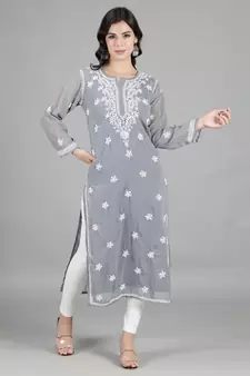 HAND EMBROIDERED LUCKNOWI CHIKANKARI GREY GEORGETTE KURTA WITH SLIP