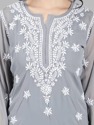 HAND EMBROIDERED LUCKNOWI CHIKANKARI GREY GEORGETTE KURTA WITH SLIP 4
