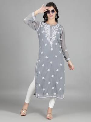 HAND EMBROIDERED LUCKNOWI CHIKANKARI GREY GEORGETTE KURTA WITH SLIP 5