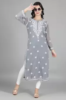 HAND EMBROIDERED LUCKNOWI CHIKANKARI GREY GEORGETTE KURTA WITH SLIP