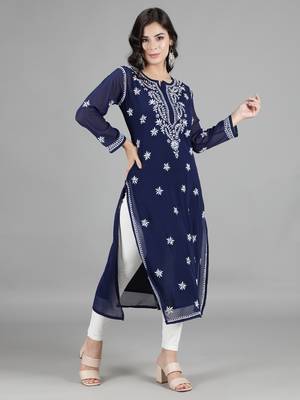 Navy-blue embroidered georgette chikankari-kurtis 1
