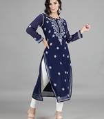 Navy-blue embroidered georgette chikankari-kurtis