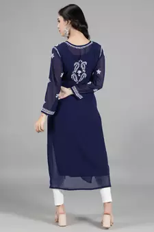 Navy-blue embroidered georgette chikankari-kurtis