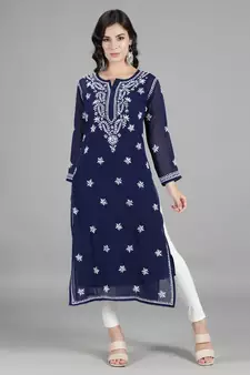 Navy-blue embroidered georgette chikankari-kurtis