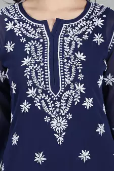 Navy-blue embroidered georgette chikankari-kurtis