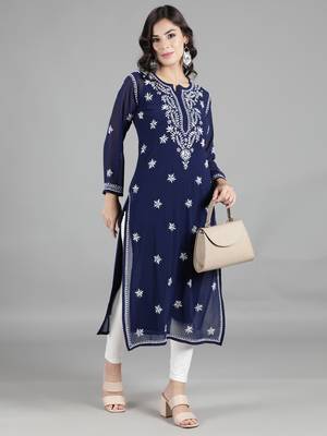 Navy-blue embroidered georgette chikankari-kurtis 5