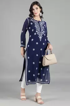 Navy-blue embroidered georgette chikankari-kurtis