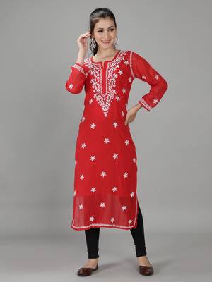 HAND EMBROIDERED LUCKNOWI CHIKANKARI RED GEORGETTE KURTA WITH SLIP 1