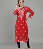 HAND EMBROIDERED LUCKNOWI CHIKANKARI RED GEORGETTE KURTA WITH SLIP