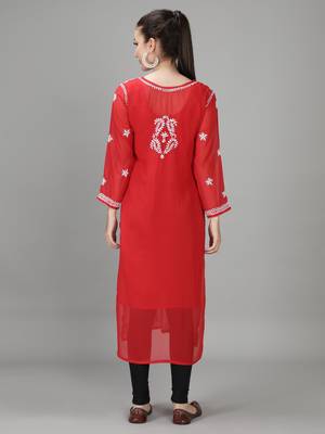 HAND EMBROIDERED LUCKNOWI CHIKANKARI RED GEORGETTE KURTA WITH SLIP 2
